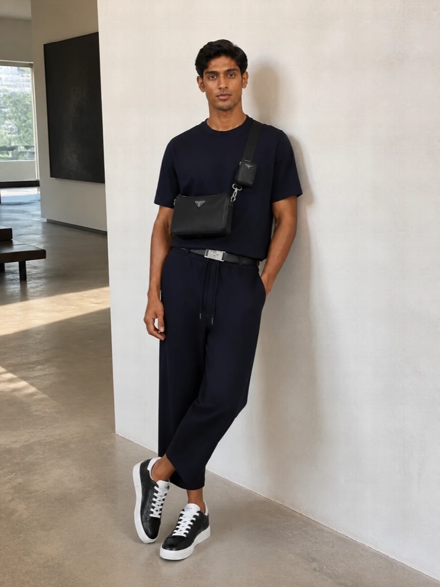 Sacai navy tee cropped trouser celine sneakers