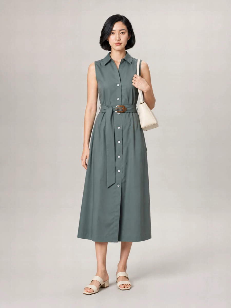Woolrich Cotton Sleeveless Belted Midi Dress