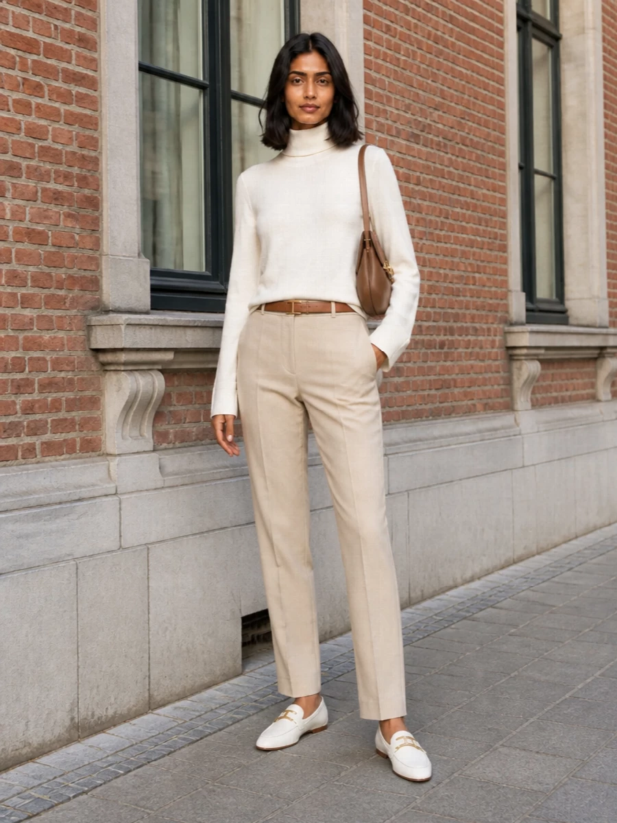 A study in soft neutrals, this outfit pairs creamy straight-leg tailoring with an ivory turtleneck for a calm, elongated line. Sharp ivory loafers and a camel shoulder bag keep it firmly in the city, while a slim camel belt defines the waist with just the right amount of structure. It reads polished and grown up, ideal for office days that slip into low-key dinners.