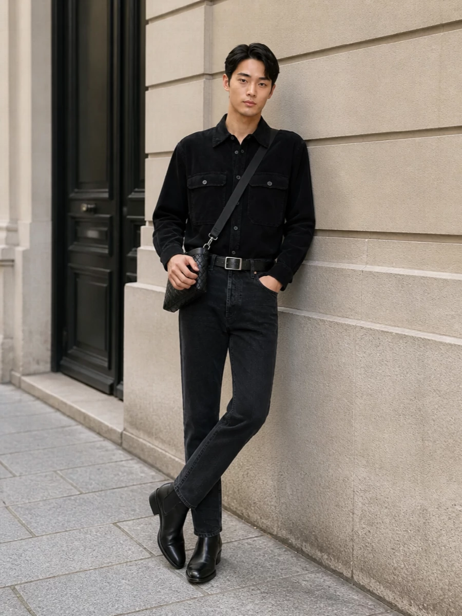 Washed-black Saint Laurent denim is paired with the black corduroy shirt for a tonal, textured play on Left Bank nonchalance. Sleek black Chelsea boots sharpen the line of the straight leg, while a slim intrecciato crossbody and discreet YSL belt keep the look firmly in the quiet-luxury, city-evening space without disturbing the monochrome restraint.