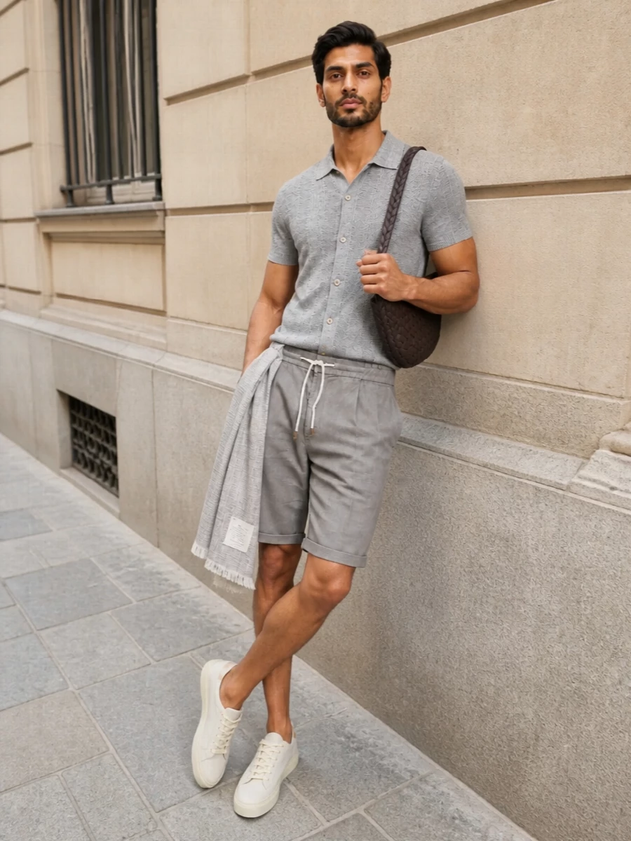 Brunello cucinelli knit polo drawstring shorts outfit