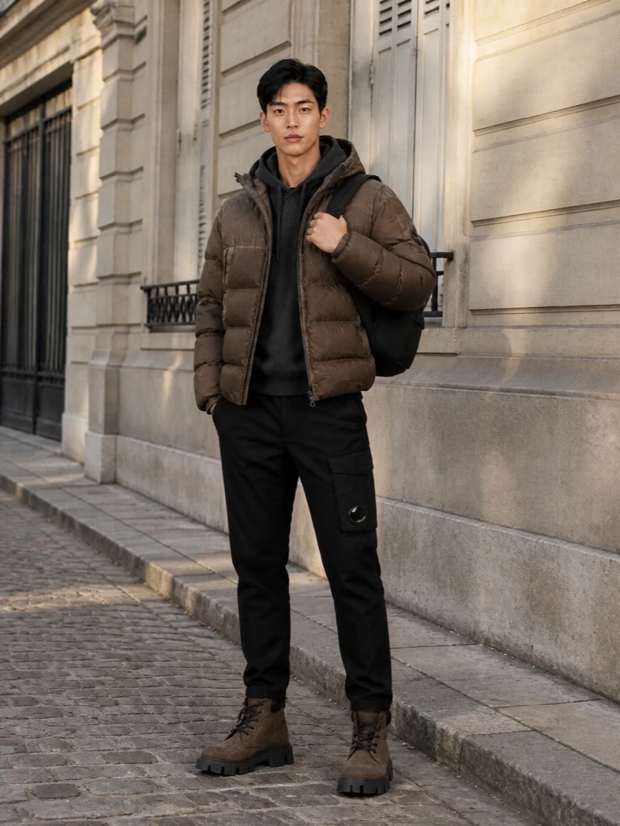 Cp company brown puffer black cargo outfit