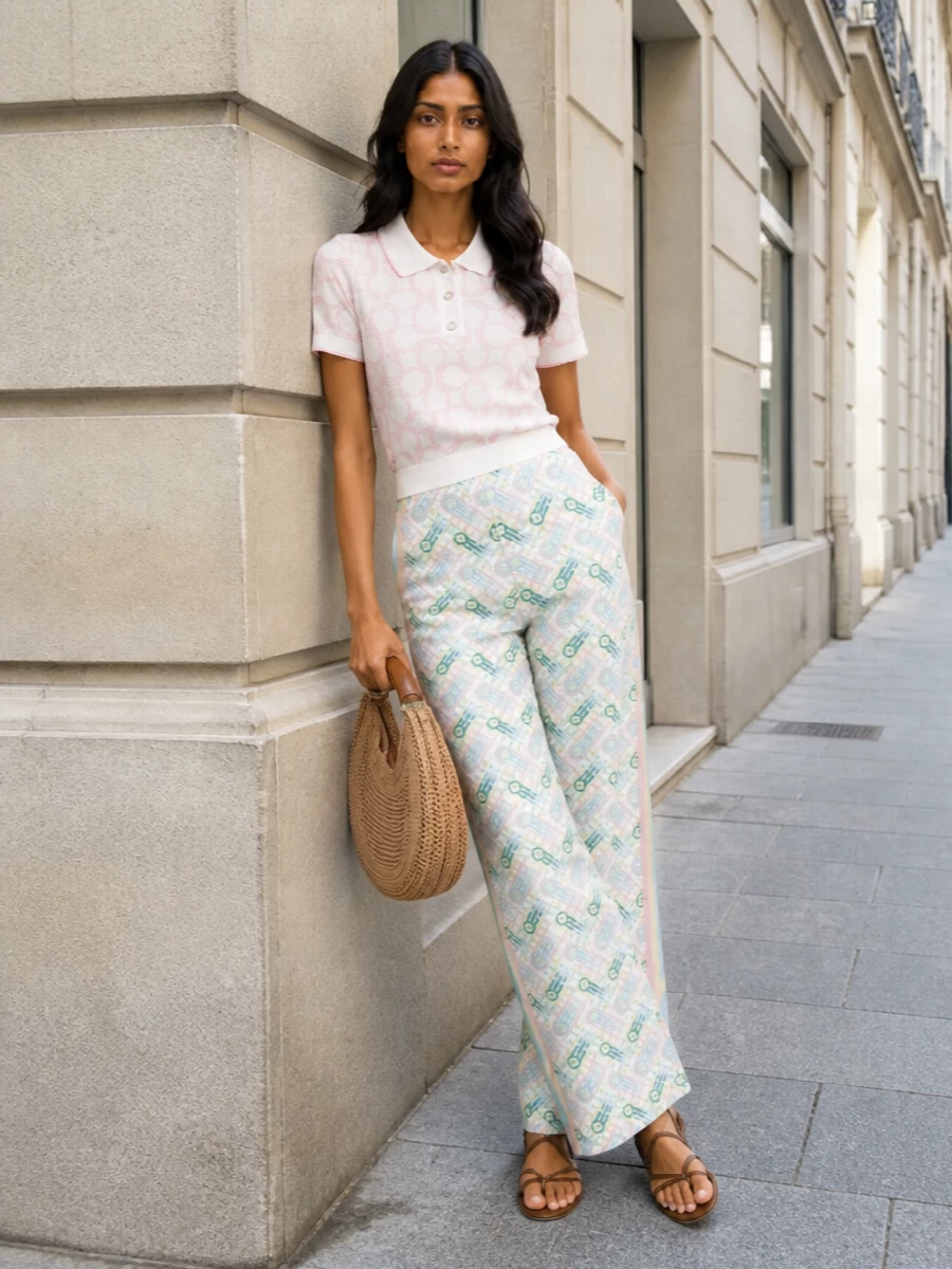 Chloe raffia bag printed trousers outfit