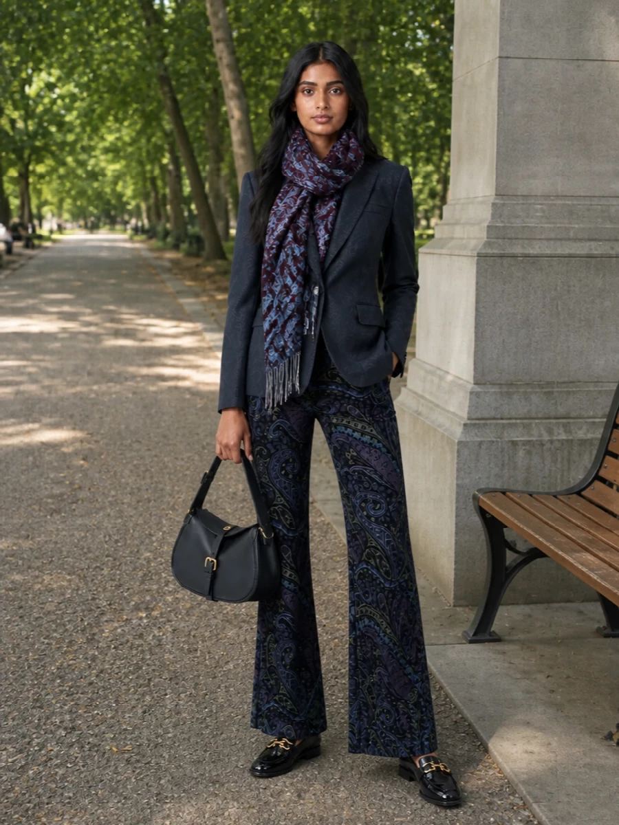 Etro paisley navy blazer matching flared trousers