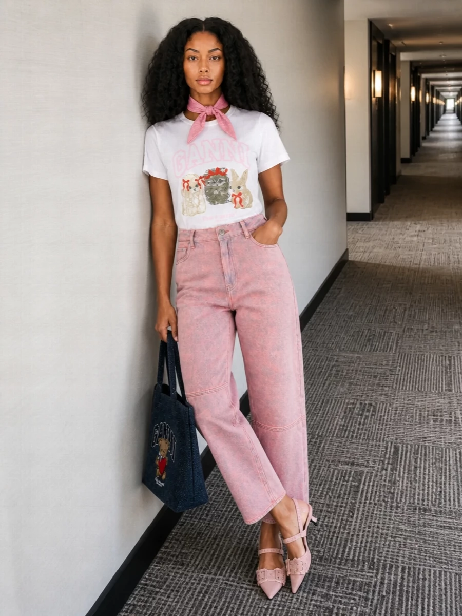 Ganni pink jeans graphic tee kitten heels