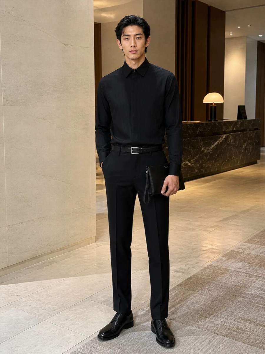 A precise monochrome Valentino ensemble that leans into clean lines and subtle detailing for modern formal dressing. The pleated black shirt and tailored trousers create a long, uninterrupted column, sharpened by polished derbies and a sculptural clutch. It is an easy go-to for dinners, openings or client evenings where you want presence without theatrics.