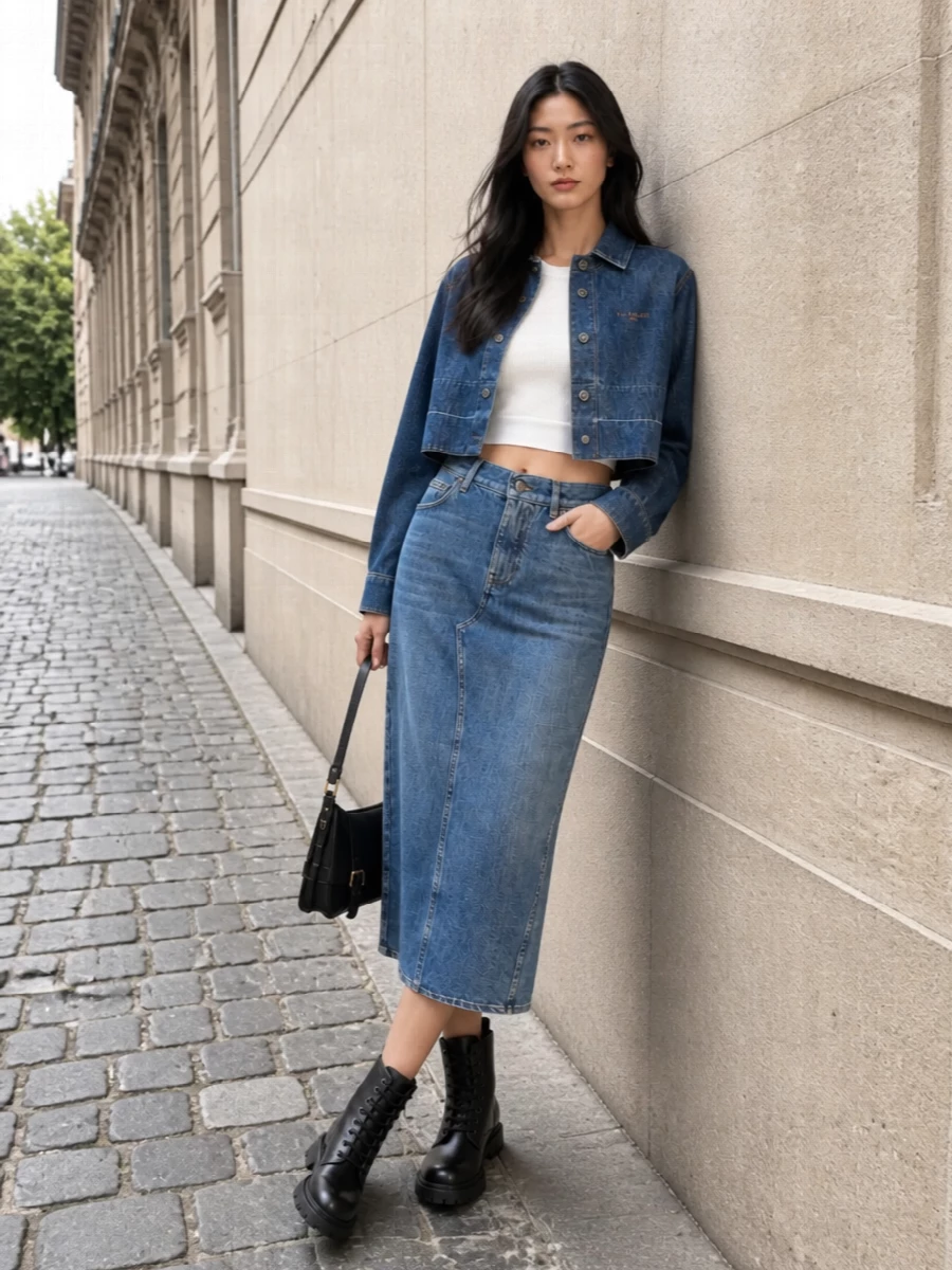 Givenchy denim jacket midi skirt combat boots