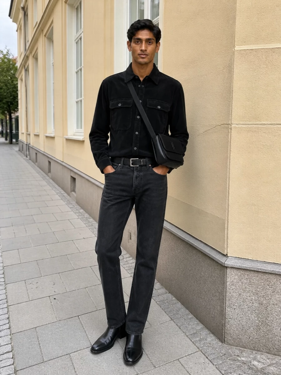 Saint laurent black jeans cord shirt chelsea boots