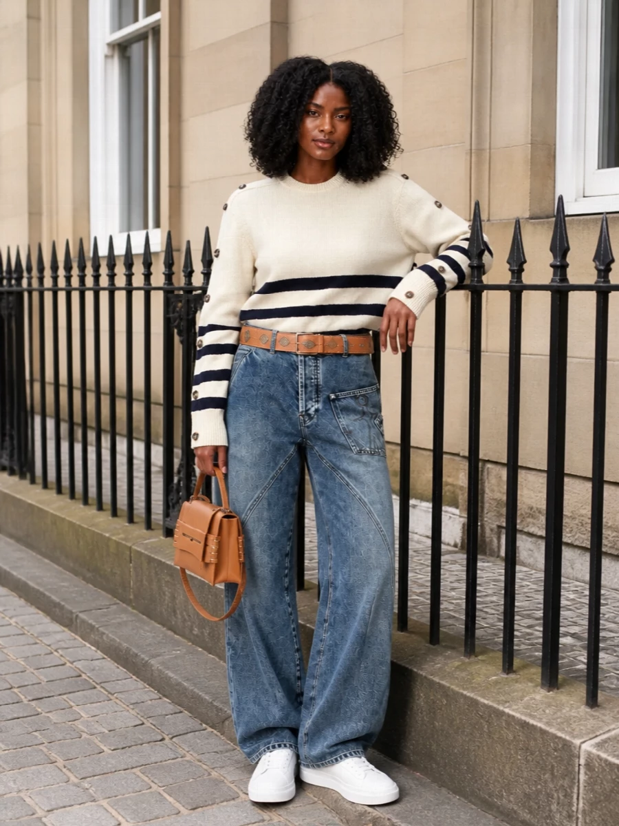 Jw anderson striped sweater wide leg jeans outfit