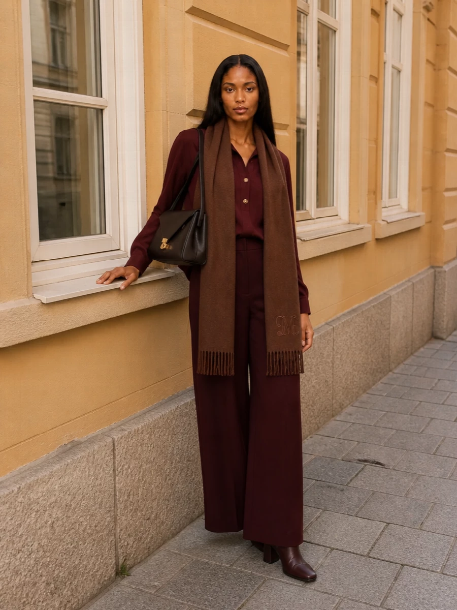 Max mara burgundy blouse wide leg trousers outfit
