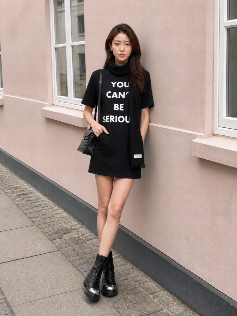 Moschino slogan mini dress combat boots outfit
