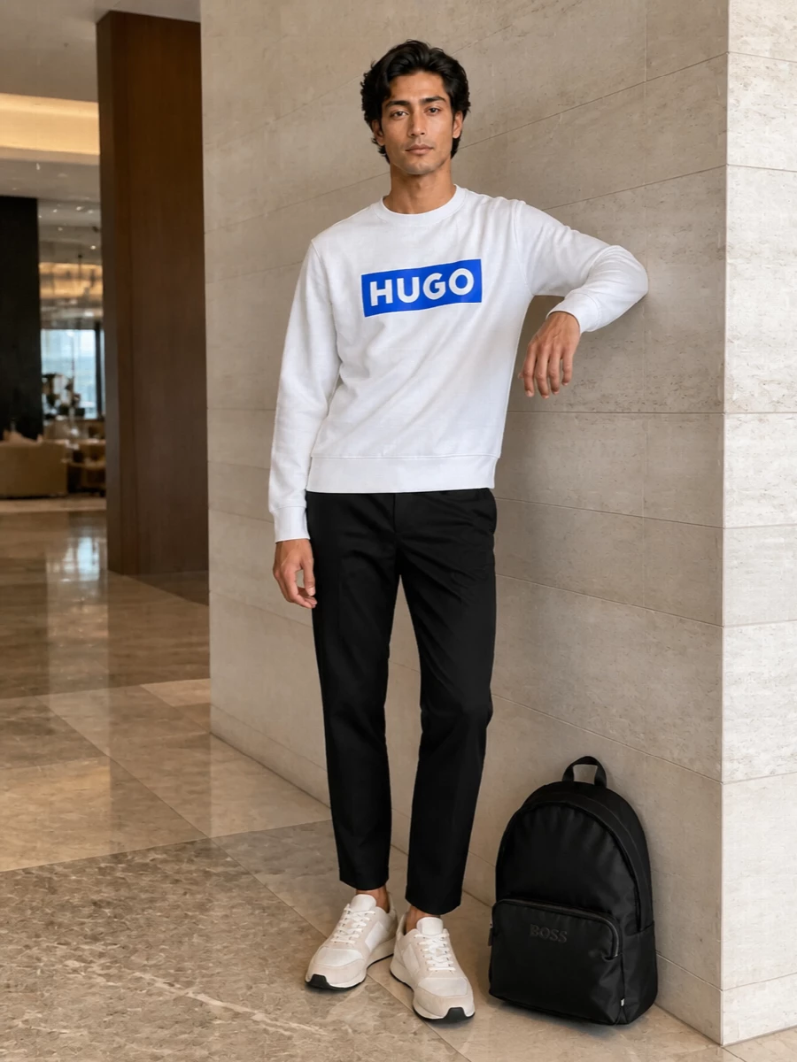 Boss hugo sweatshirt black cropped trousers outfit