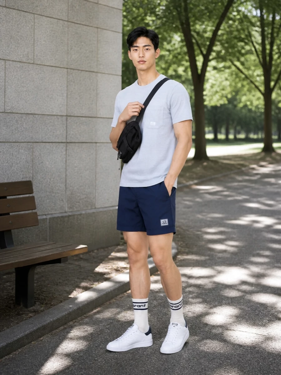 Navy technical shorts meet a pale blue-grey tee for a clean, modern take on sport utility. Crisp white court sneakers and matching striped socks keep the energy athletic but understated, while a compact black crossbody adds just enough function for city days or coastal weekends.