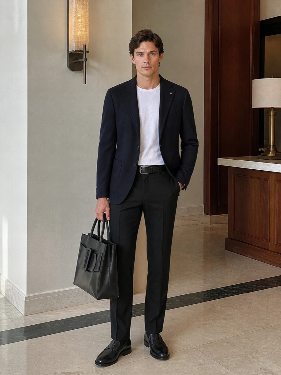 Tagliatore navy blazer charcoal trousers outfit