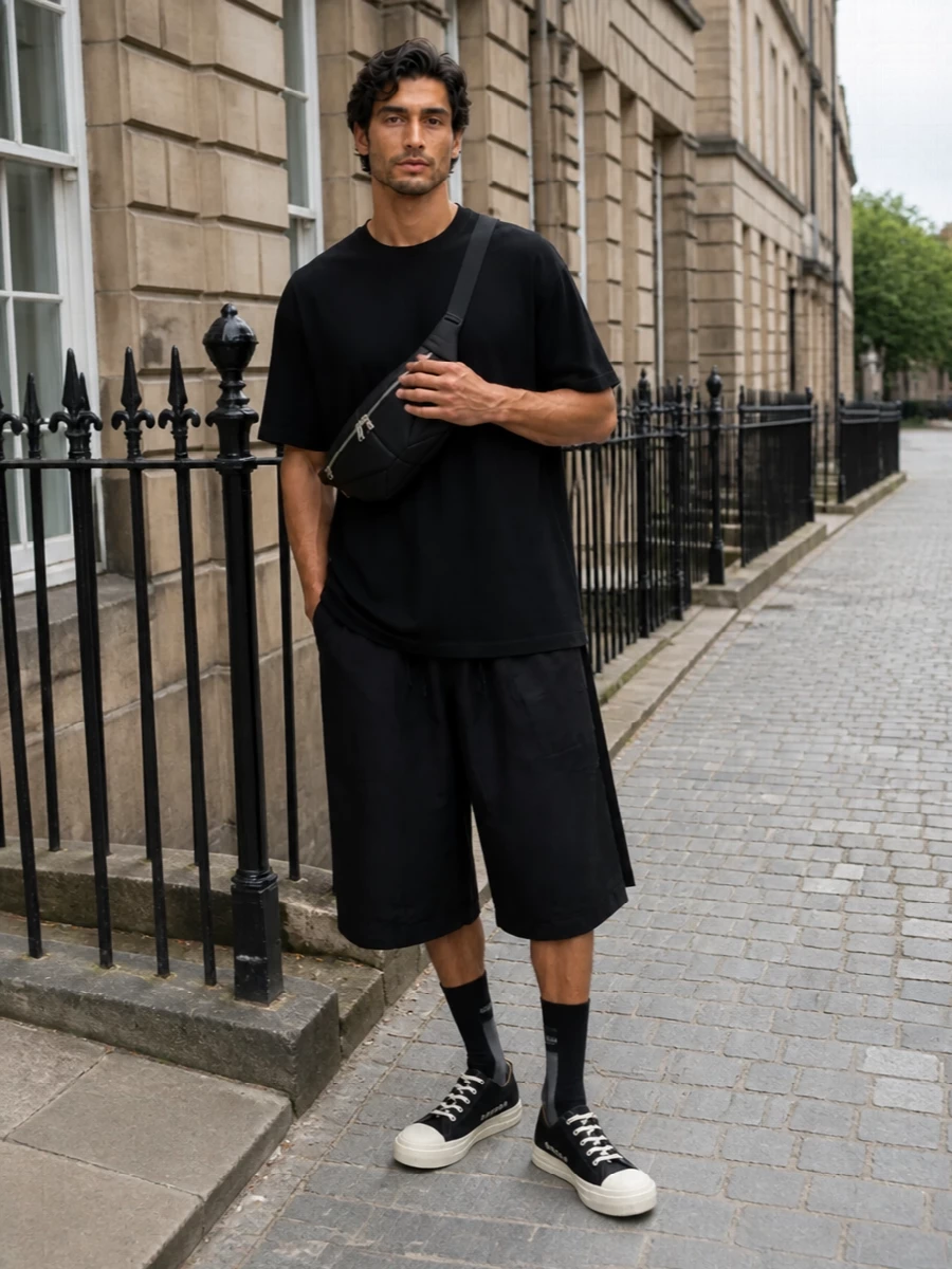 Needles cargo shorts rick owens black tee sneakers