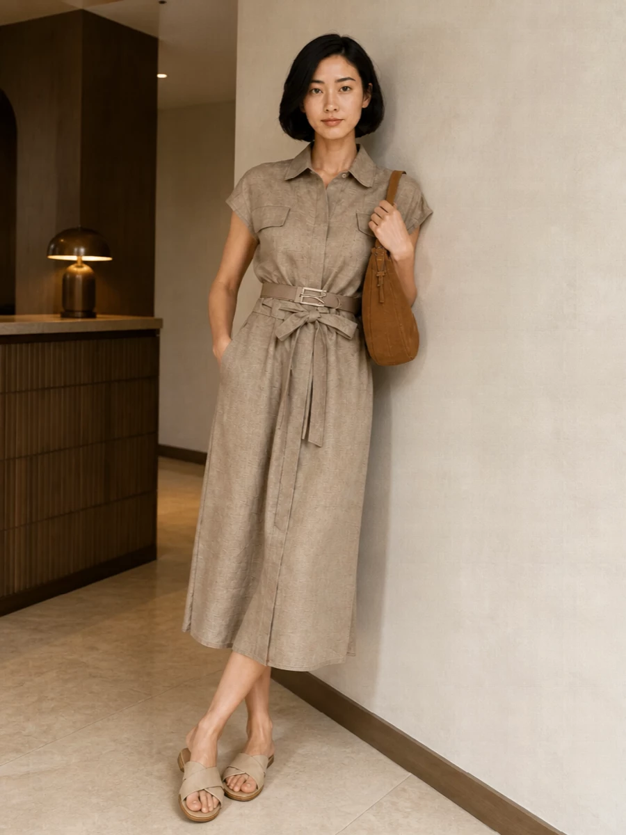 Fabiana filippi linen shirt dress taupe slides
