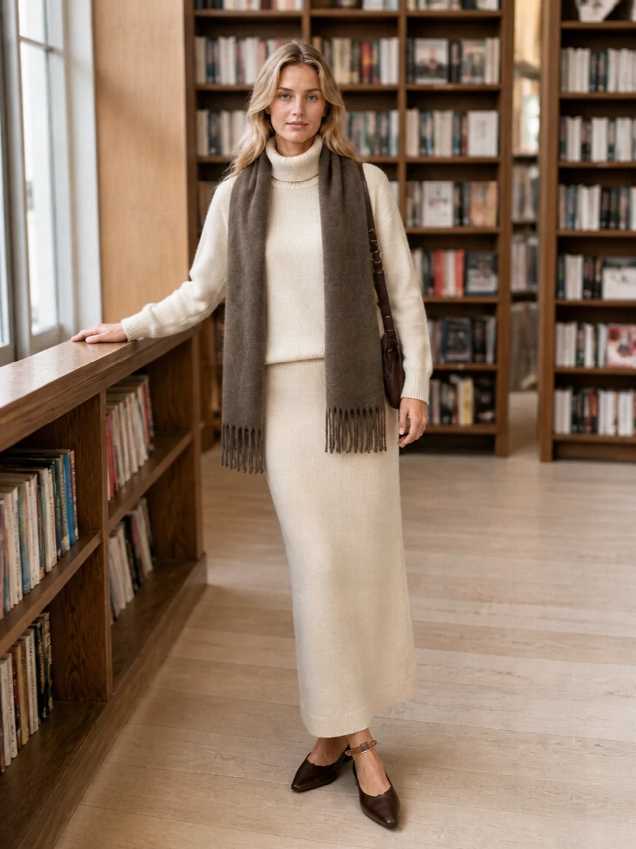 Jil sander buttercream knit skirt brown bag outfit
