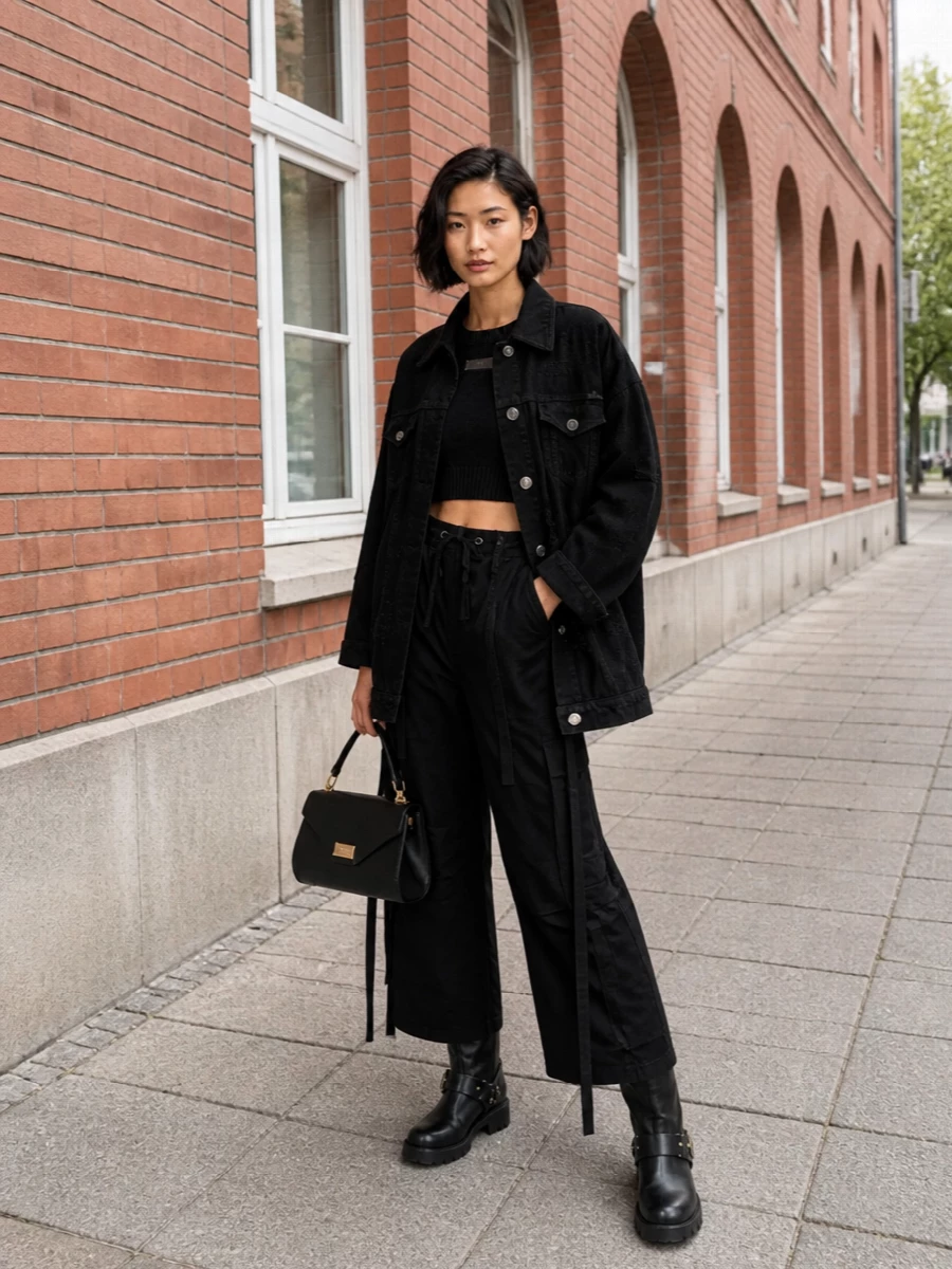 Dolce gabbana black denim jacket cargo pants outfit