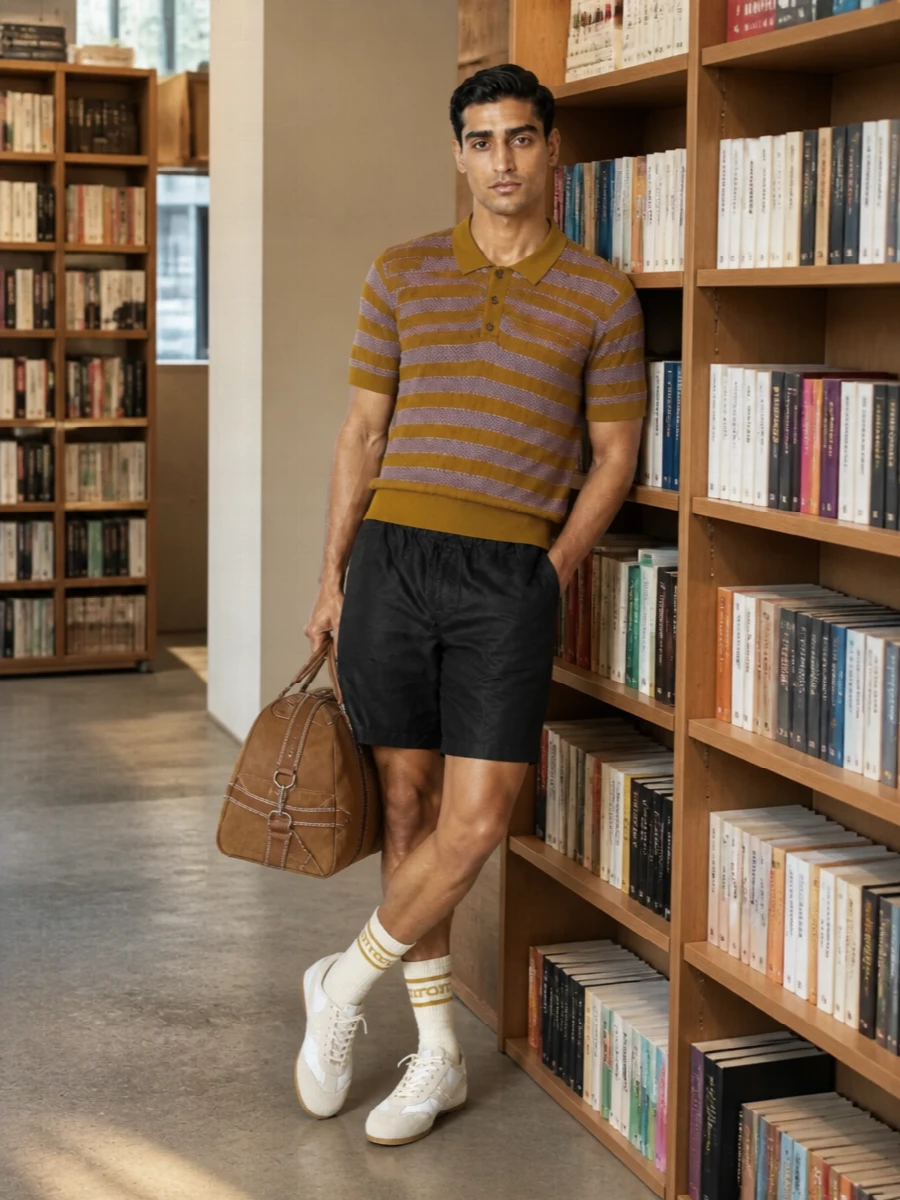 A graphic Dries Van Noten polo meets sharp black tailored shorts for a summer outfit that feels both relaxed and intentional. Soft off white trainers and a structured tan bag keep the palette warm and coherent, while striped socks quietly echo the mustard tones from the knit for a pulled together finish.