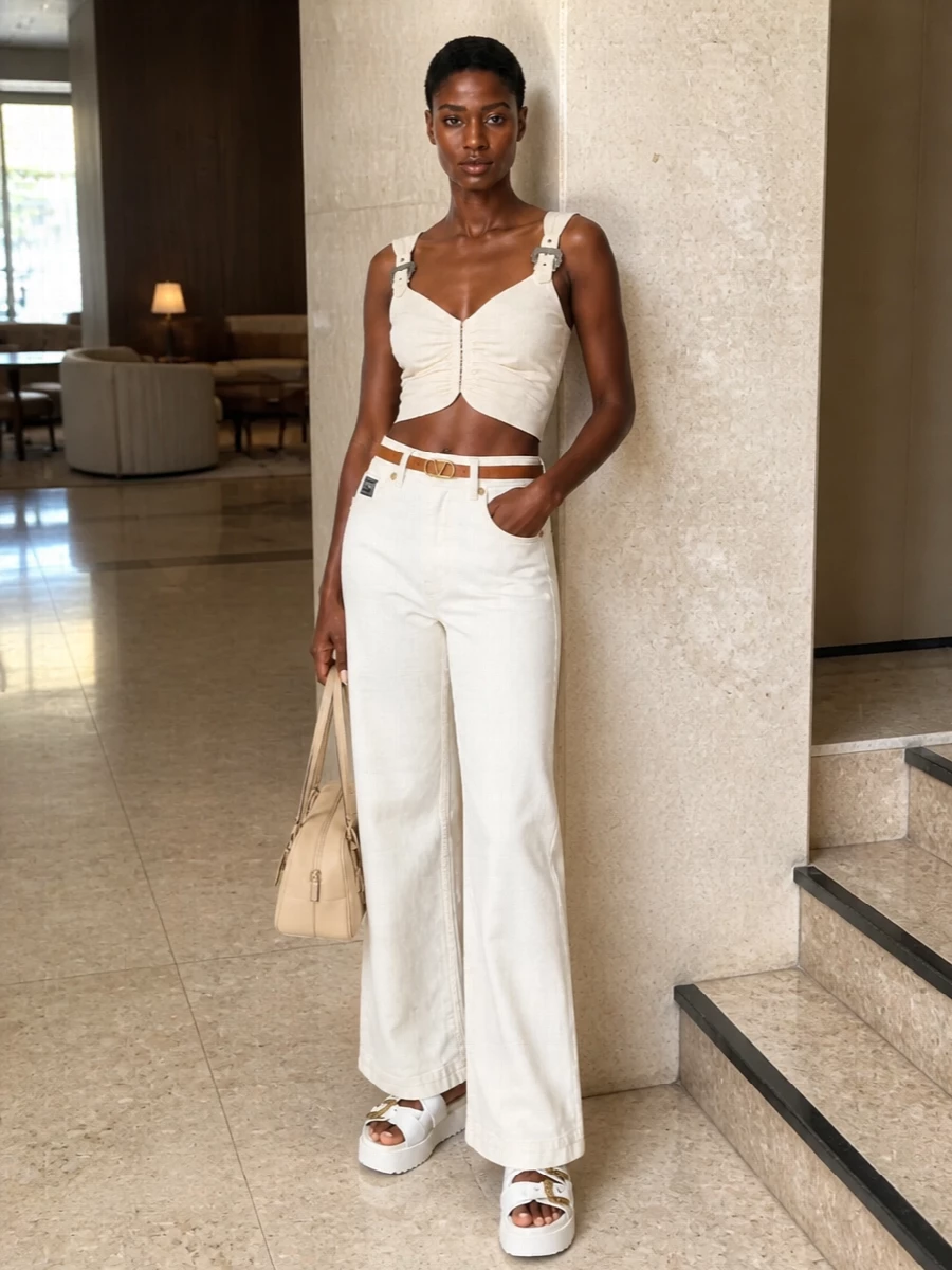 Versace wide leg white jeans ivory tank outfit