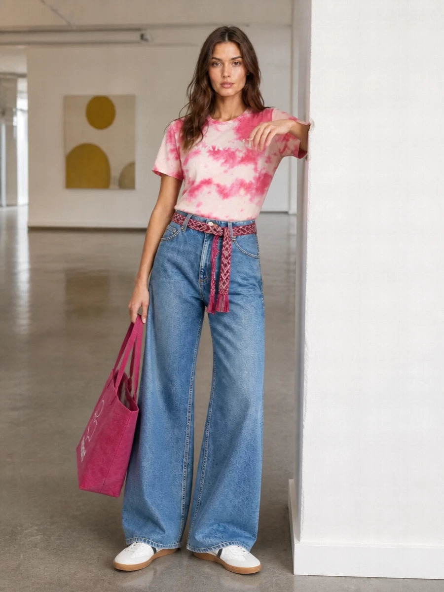 Isabel marant tie dye tee wide leg jeans outfit