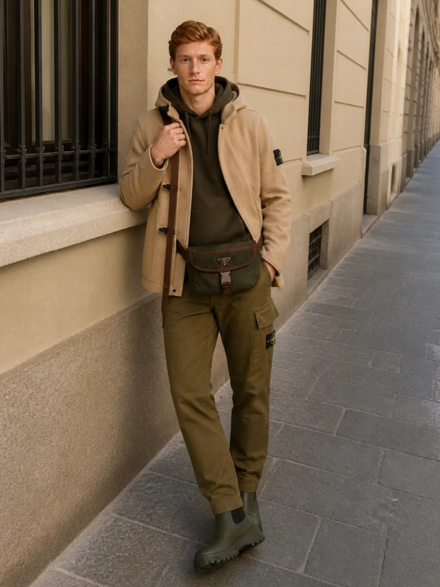 Stone island camel jacket olive cargo outfit