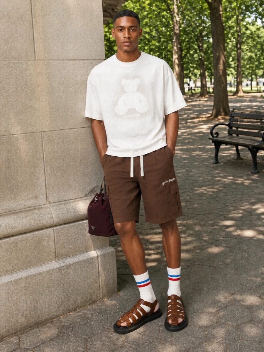 Chocolate nylon and off white play against each other for a relaxed streetwear set that can go straight from pavement to pool. The brown leather fisherman sandals and striped socks keep the line casual but curated, while the burgundy bucket bag pulls the warm tones together without shouting. It feels like summer skate energy with just enough polish to carry through a city day.