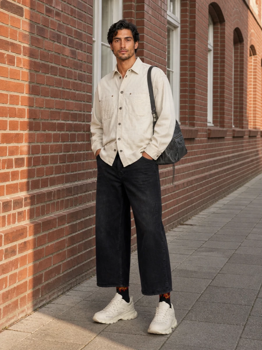 A washed beige utility shirt sits over high-rise wide-leg black denim for a slouched, directional take on neutrals. Cream runners and flame-logo socks keep the energy firmly street, while a charcoal moto-shoulder bag adds just enough hardware and texture to feel intentional without losing the ease.