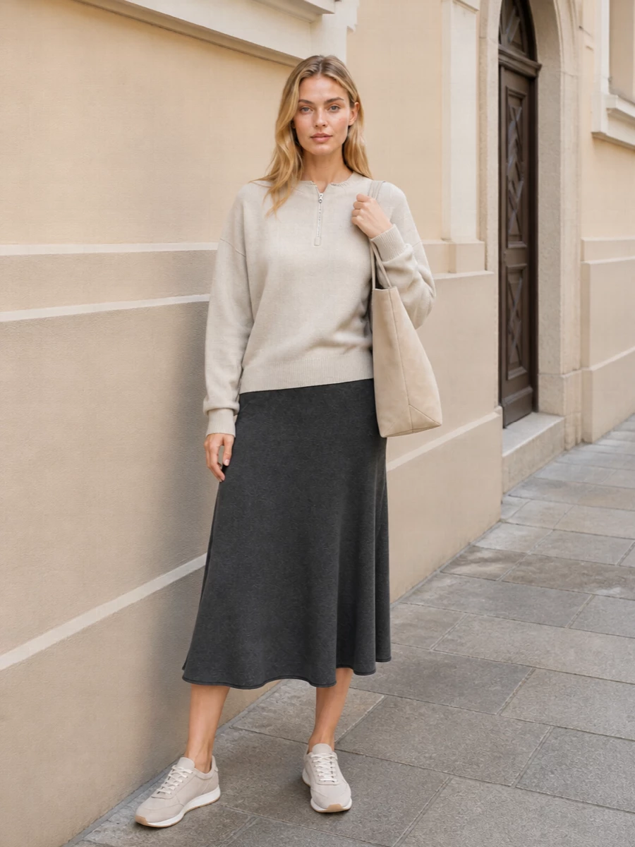 Extreme cashmere half zip charcoal knit midi skirt