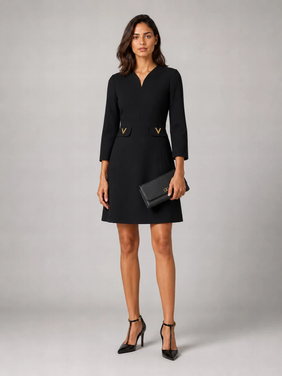 I am building this around the dress path, not tailoring separates, because a single, sculpted black column feels truest to the Tom Ford cardholder’s razor-clean, edited attitude. The Valentino dress, Ferragamo stiletto and Valentino clutch create a pure black and gold line that is formal enough for cocktails or a serious dinner yet still quietly luxurious, with every metal detail restrained and deliberate. The result is a precise, logo-aware evening ensemble where the cardholder slips in seamlessly, reinforcing a narrative of disciplined, modern Italian minimalism rather than competing tailoring layers.