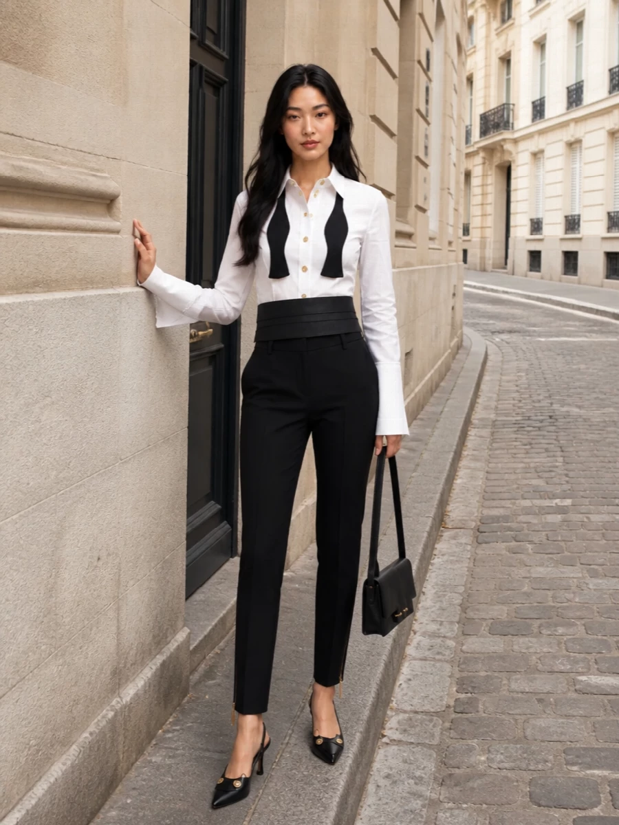 A modern tuxedo story built around a sculpted cropped shirt, anchored by razor-sharp slim black trousers for a long, uninterrupted line. Pointed slingback stilettos and a clean Tom Ford shoulder bag keep the palette disciplined and urbane, while the cummerbund belt sharpens the waist so the whole outfit reads confident, edited and quietly directional for evening.