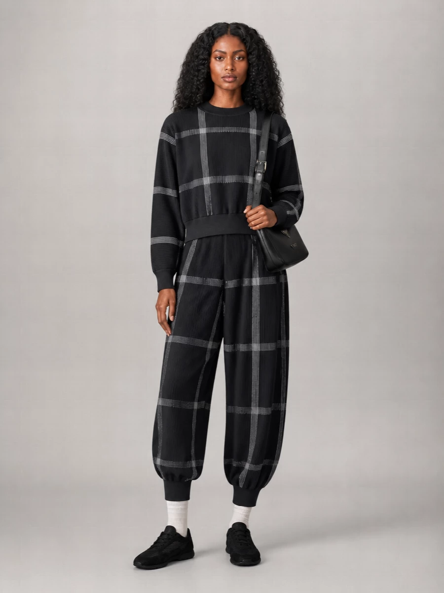 Pleats Please Issey Miyake Ribbed Checked Wide-Leg Track Pants