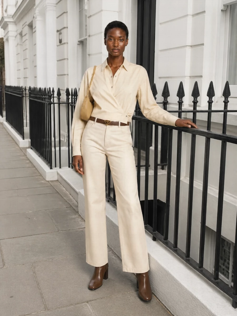 A softly tonal palette of buttercream and camel keeps this outfit calm and composed, while the asymmetric shirt introduces subtle movement against the straight-leg trouser. Taupe leather accessories and a slim suede belt deepen the neutrals, grounding the light base with quiet structure. It is an easy city uniform that reads polished from workdays through low-key evenings without ever feeling overdone.