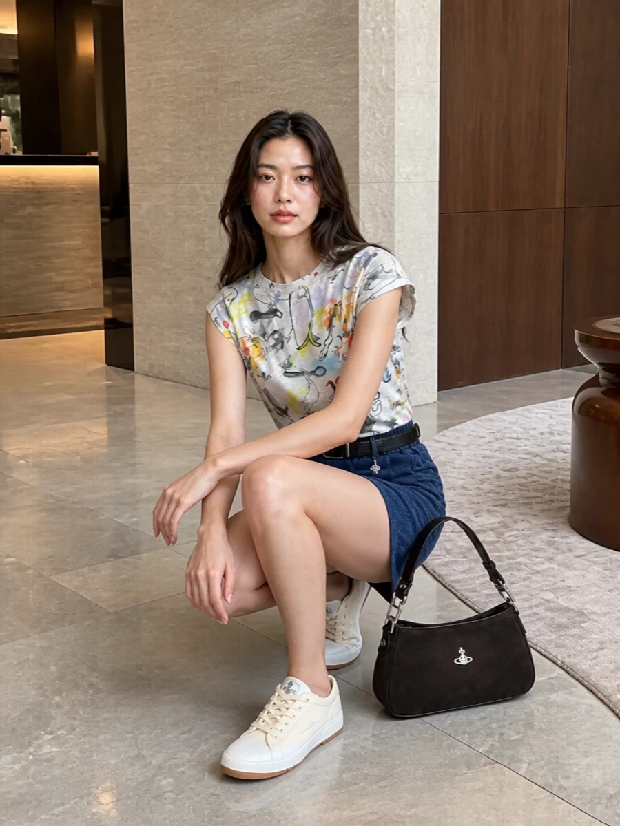 Vivienne’s sketch-print tee pairs with the washed navy asymmetric mini for an easy, leggy take on streetwear that still feels considered. Cream canvas sneakers keep it relaxed and graphic, while the dark suede crescent bag and slim Orb belt add just enough edge to ground all the playful line work. It is a weekday-to-weekend outfit that leans art student rather than gym kit, with the proportions focused high on the waist and clean at the ankle.