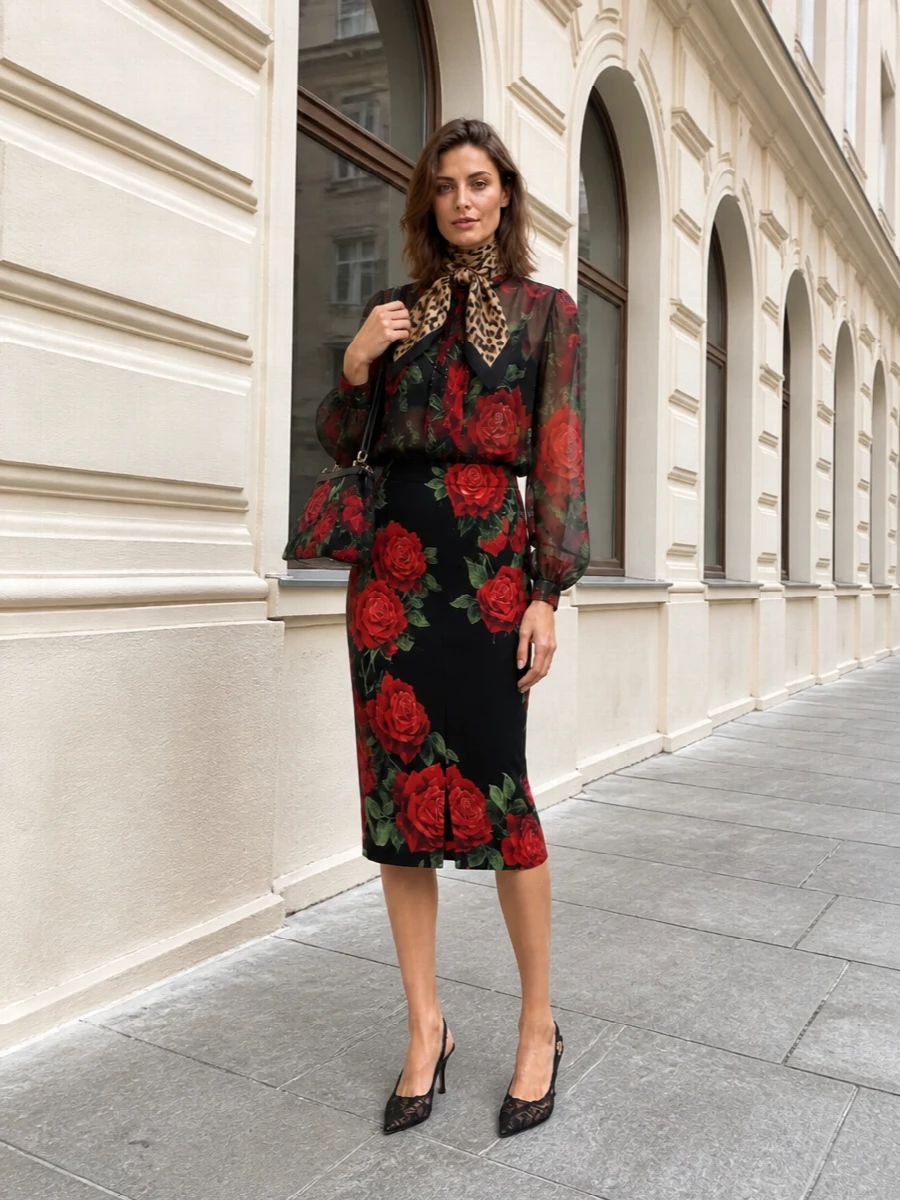 Dolce gabbana rose blouse pencil skirt evening