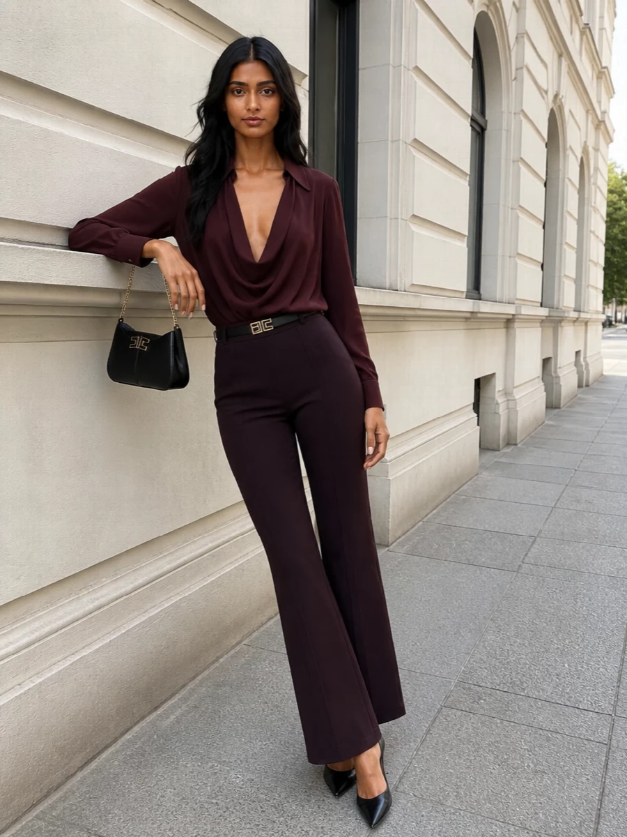 Elisabetta franchi aubergine flare trousers outfit