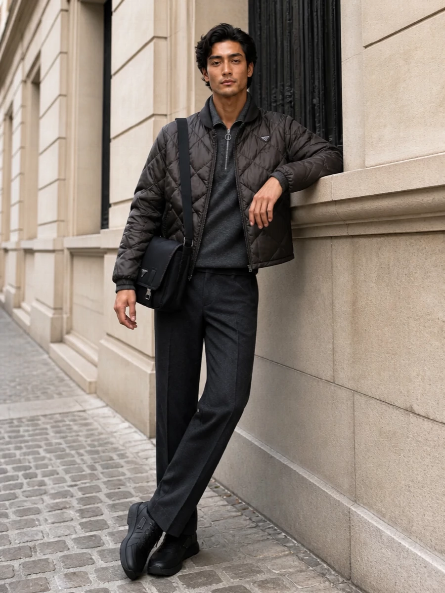 Prada quilted bomber charcoal trousers outfit