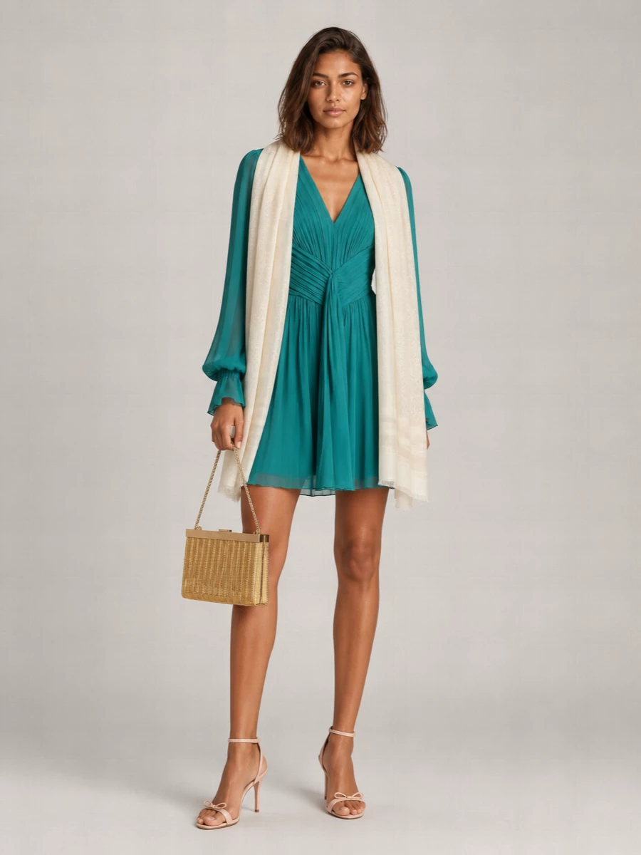 Alberta Ferretti Silk Chiffon Gathered Deep V-Neck Long-Sleeve Mini Dress