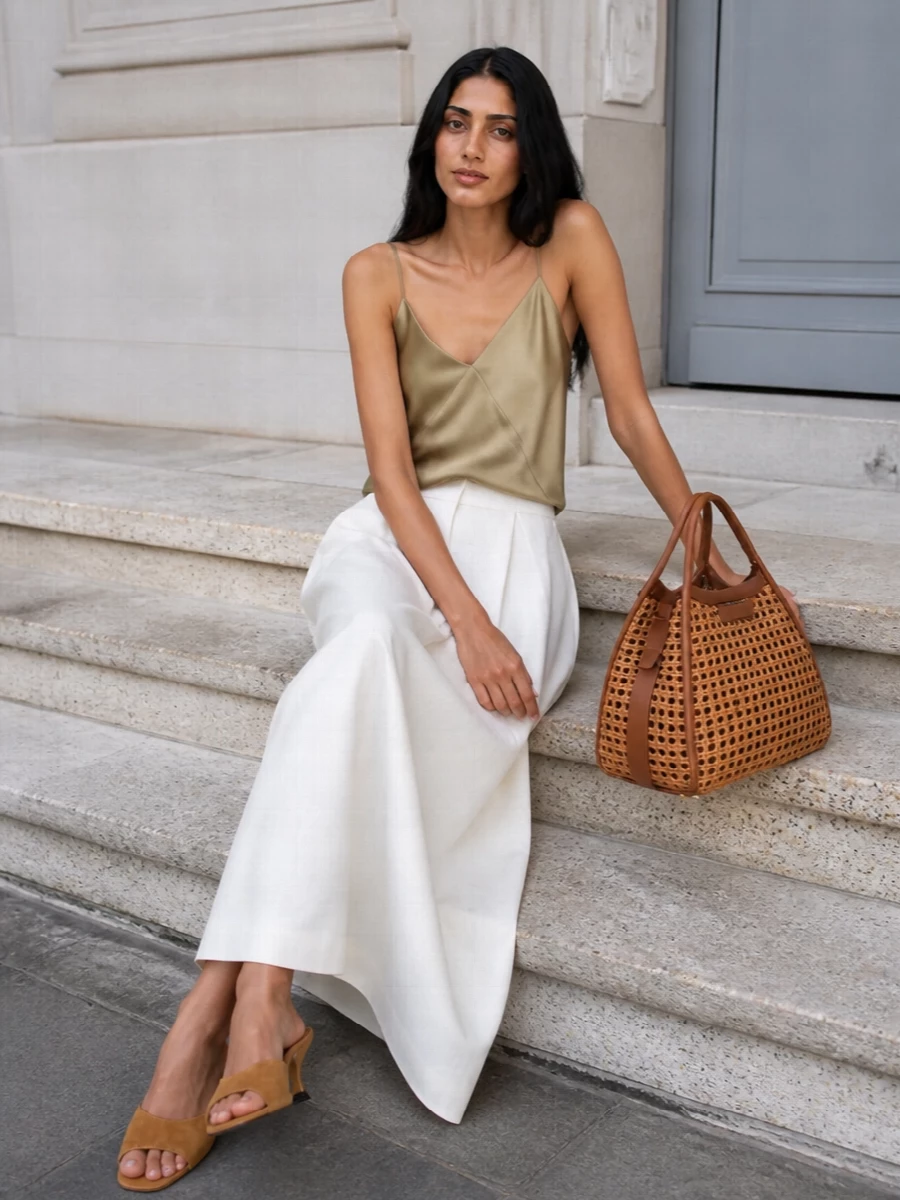 An ivory Max Mara maxi skirt is paired with a liquid champagne camisole for a tonal, elongated column that feels polished yet relaxed. Camel suede kitten-heel mules and a structured raffia-and-cognac tote introduce warm, quiet-luxury accents, creating a refined summer evening look that’s minimal, softly architectural and decisively feminine.