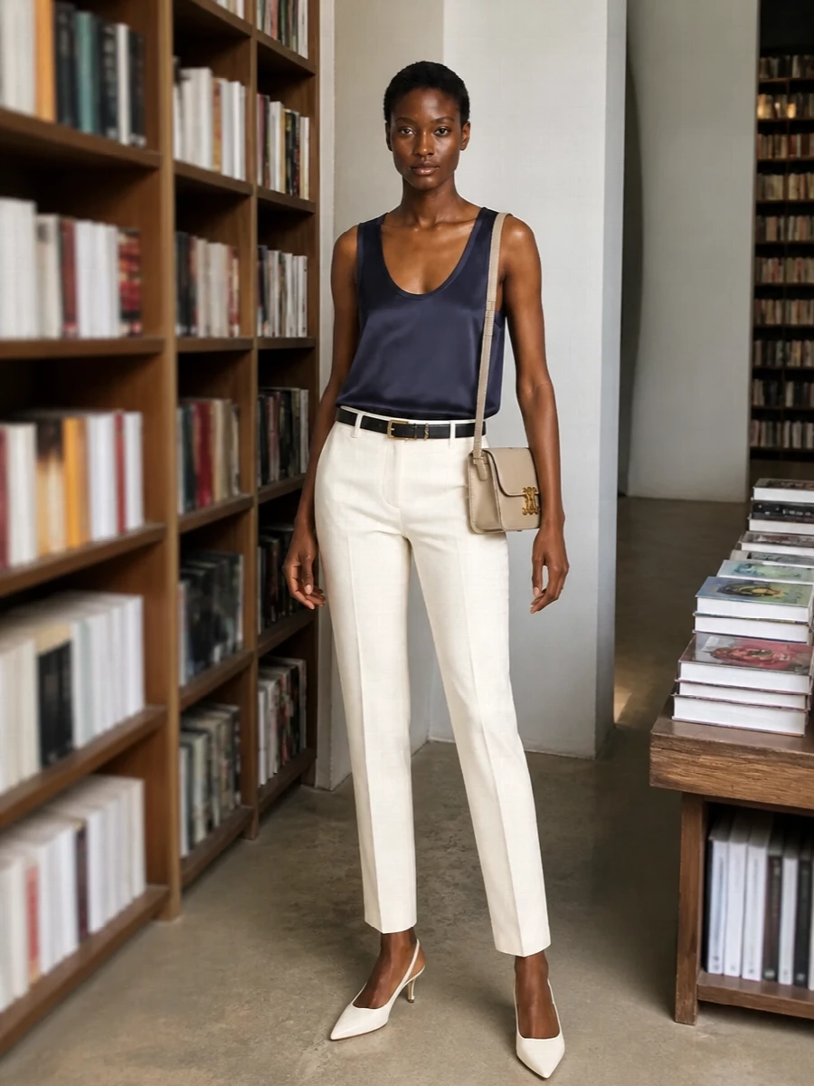 An ink-navy satin tank is grounded by slim ivory tailoring for a clean, elongated silhouette that feels light yet composed. Cream slingback heels and a structured beige shoulder bag keep the palette soft and tonal, while a slim navy belt adds just enough definition and quiet hardware detail for quietly luxurious SS dressing from desk to dinner.