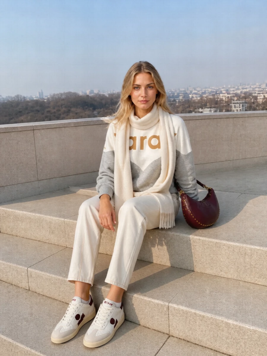 Color-blocked sport and soft utility meet in a clean mix of off-white, cream and camel, with the straight cream trouser sharpening the relaxed sweatshirt. Court sneakers and a curved burgundy bag keep the energy casual but intentional, pulling the warm notes from the logo into the accessories. An ecru scarf finishes the palette with a cocooning, minimal layer that feels right for cold-city days on the move.