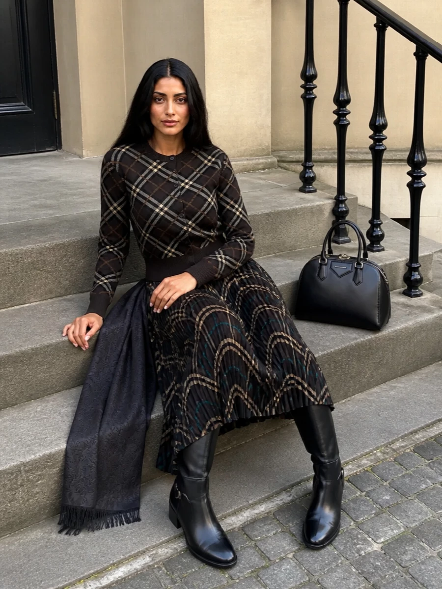 Burberry checked midi skirt cardigan outfit