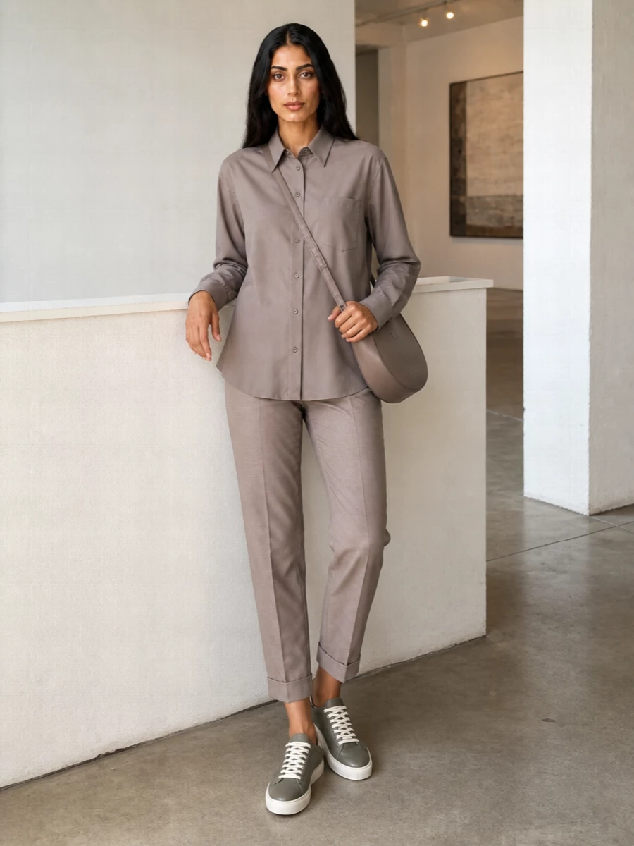 A taupe-on-taupe pairing keeps the longline shirt and slim ankle trousers feeling quietly tailored and intentional. Neutral low-top sneakers and a structured taupe crossbody soften the polish just enough for city days that move from desk to drinks. The result is calm, minimal and pulled together without trying too hard.