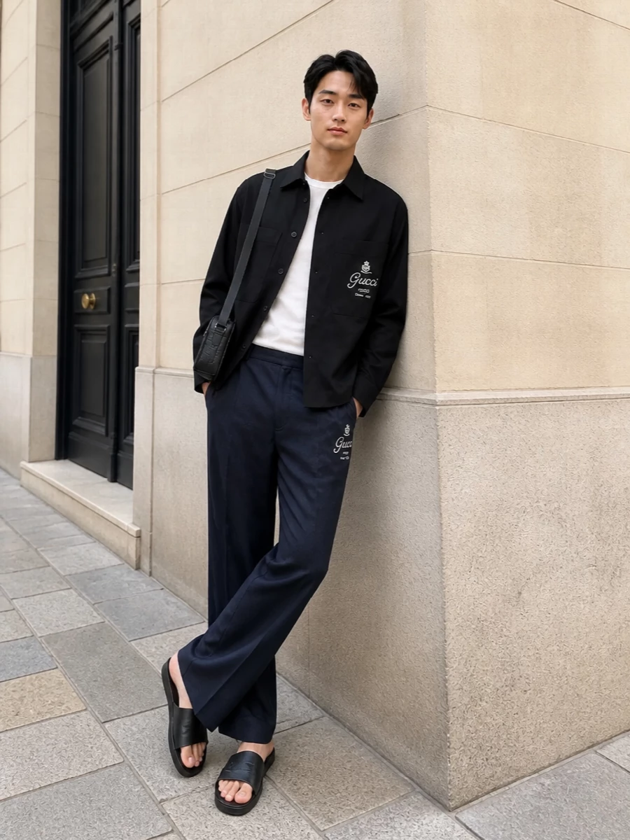 Gucci slides black shirt jacket navy trousers