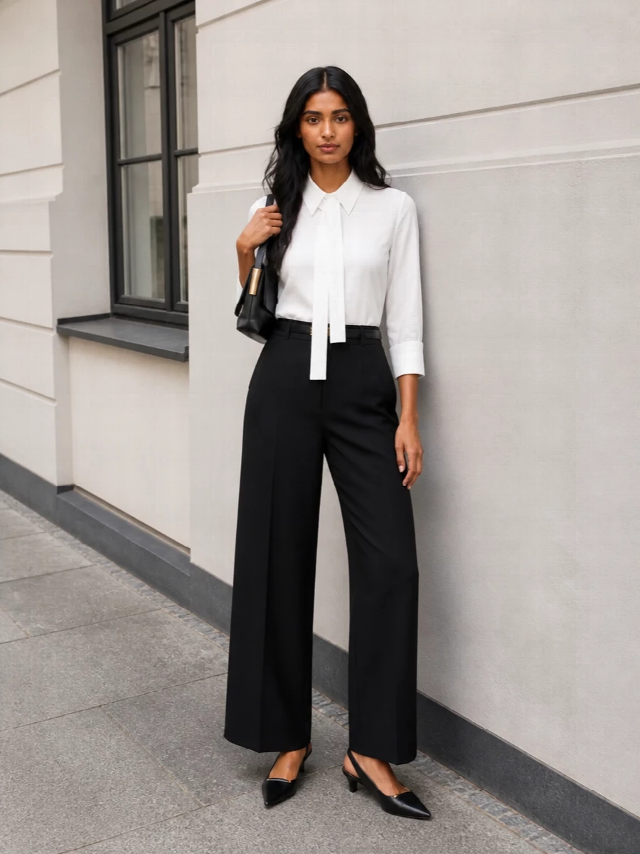 Elisabetta franchi white shirt black wide leg trousers