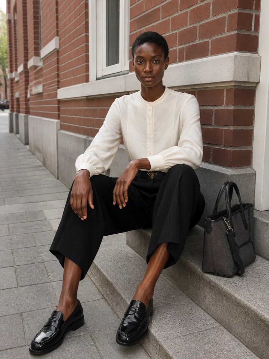 Chloe blouse sacai pinstripe culottes outfit