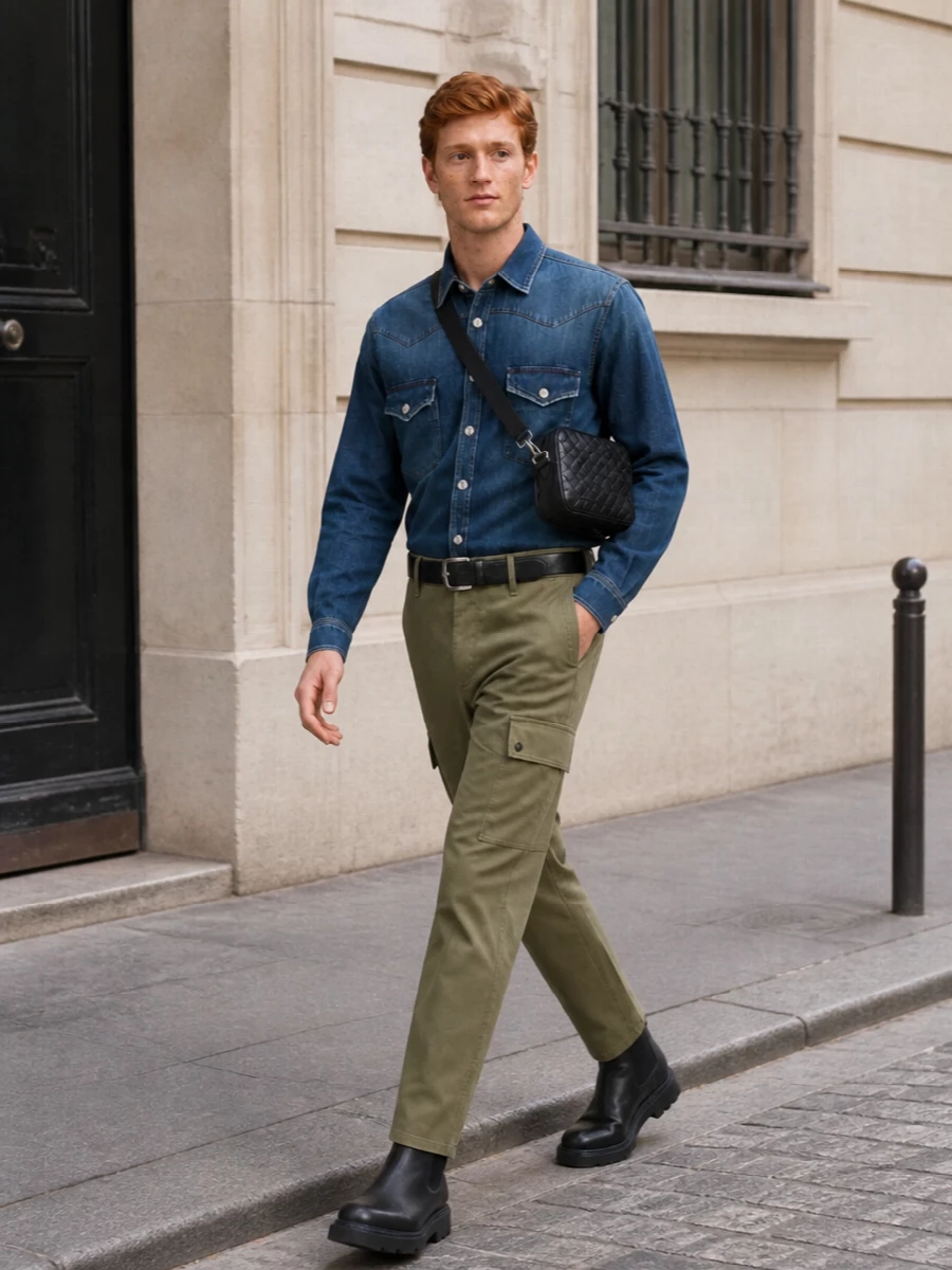 Burberry indigo denim overshirt olive cargo pants