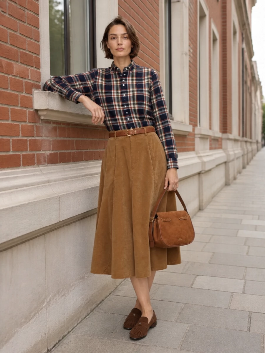 Polo ralph lauren plaid shirt camel corduroy skirt