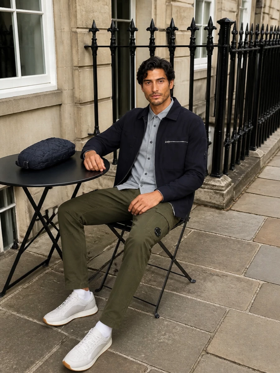 This outfit leans into C.P. Company’s technical utility with a deep navy shirt jacket over a dusty blue overshirt, grounded by dark olive tapered cargos. Soft white gum-sole sneakers and a compact sling backpack keep it sharp yet easy, ideal for city days that move from coffee runs to low-key dinners. The palette stays muted and modern, with subtle contrast doing the work instead of loud branding.