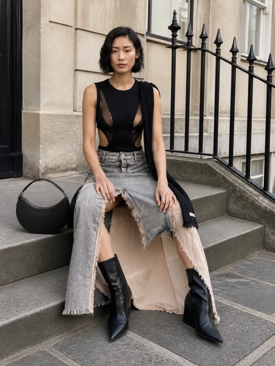 Rick owens maxi skirt cut out top wedge boots